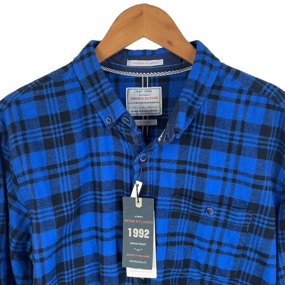 BF1192 NWT Mens Denim & Flower Slim Fit Plaid Flannel Button Down Shirt L - Picture 3 of 6